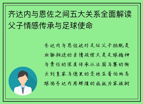 齐达内与恩佐之间五大关系全面解读父子情感传承与足球使命