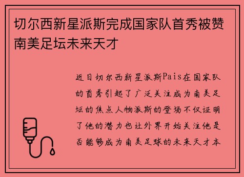 切尔西新星派斯完成国家队首秀被赞南美足坛未来天才