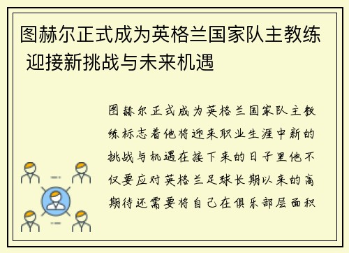 图赫尔正式成为英格兰国家队主教练 迎接新挑战与未来机遇