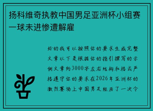 扬科维奇执教中国男足亚洲杯小组赛一球未进惨遭解雇